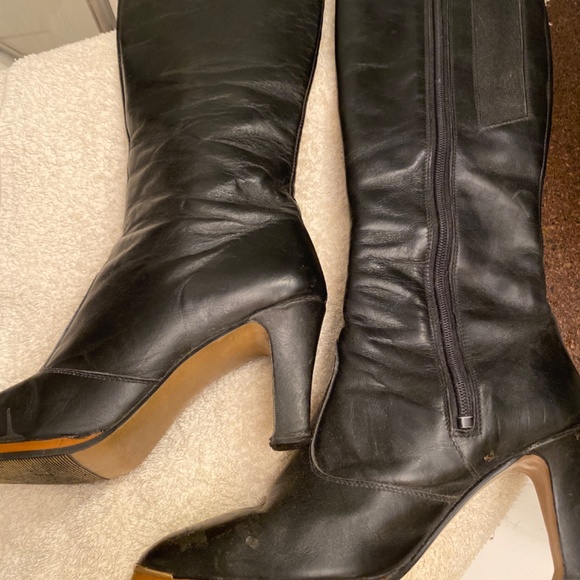 Black leather 14” high boots plus 3” heel and gold metal tip detail on toes. - Picture 2 of 5